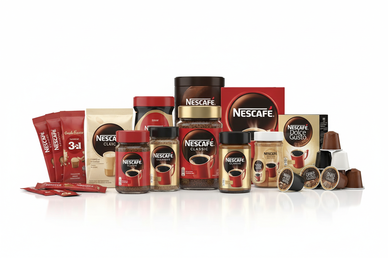 a lot of nescafe products with white background